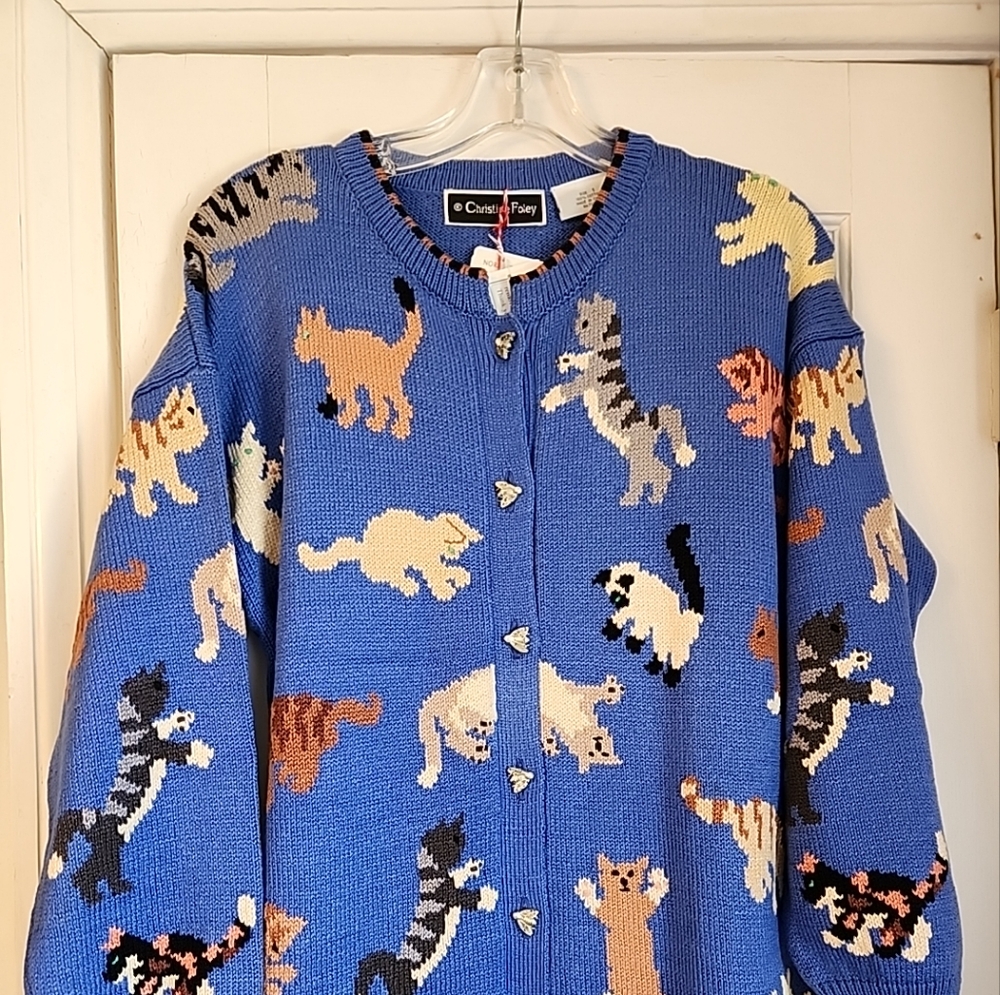 Christine Foley Dog and Cat Knit Sweater Periwinkle Blue Vintage NWT Lg